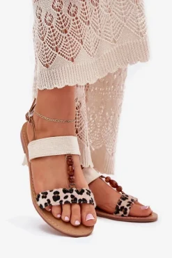 Boto Sandały Płaskie*Płaskie Sandały Damskie Z Koralikami Panterka Beżowe Virona Beżowy