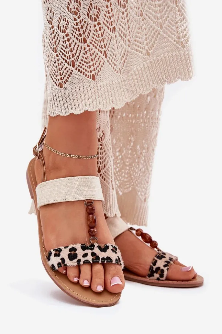 Boto Sandały Płaskie*Płaskie Sandały Damskie Z Koralikami Panterka Beżowe Virona Beżowy