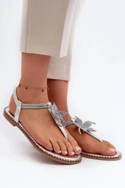 Damskie Evento Płaskie Sandały Damskie Z Ozdobnym Kwiatkiem Srebrne Edoni