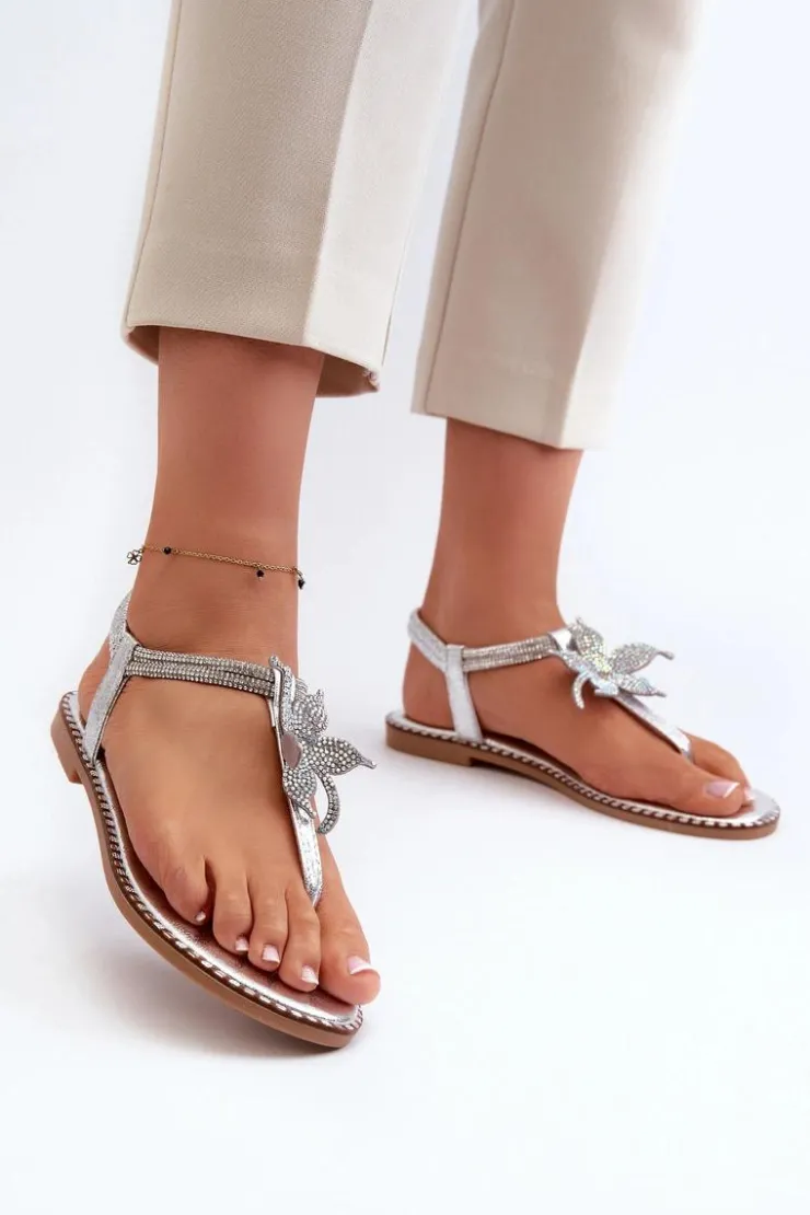 Damskie Evento Płaskie Sandały Damskie Z Ozdobnym Kwiatkiem Srebrne Edoni