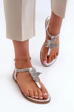 Damskie Evento Płaskie Sandały Damskie Z Ozdobnym Kwiatkiem Srebrne Edoni