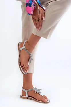 Damskie Evento Płaskie Sandały Damskie Z Ozdobnym Kwiatkiem Srebrne Edoni