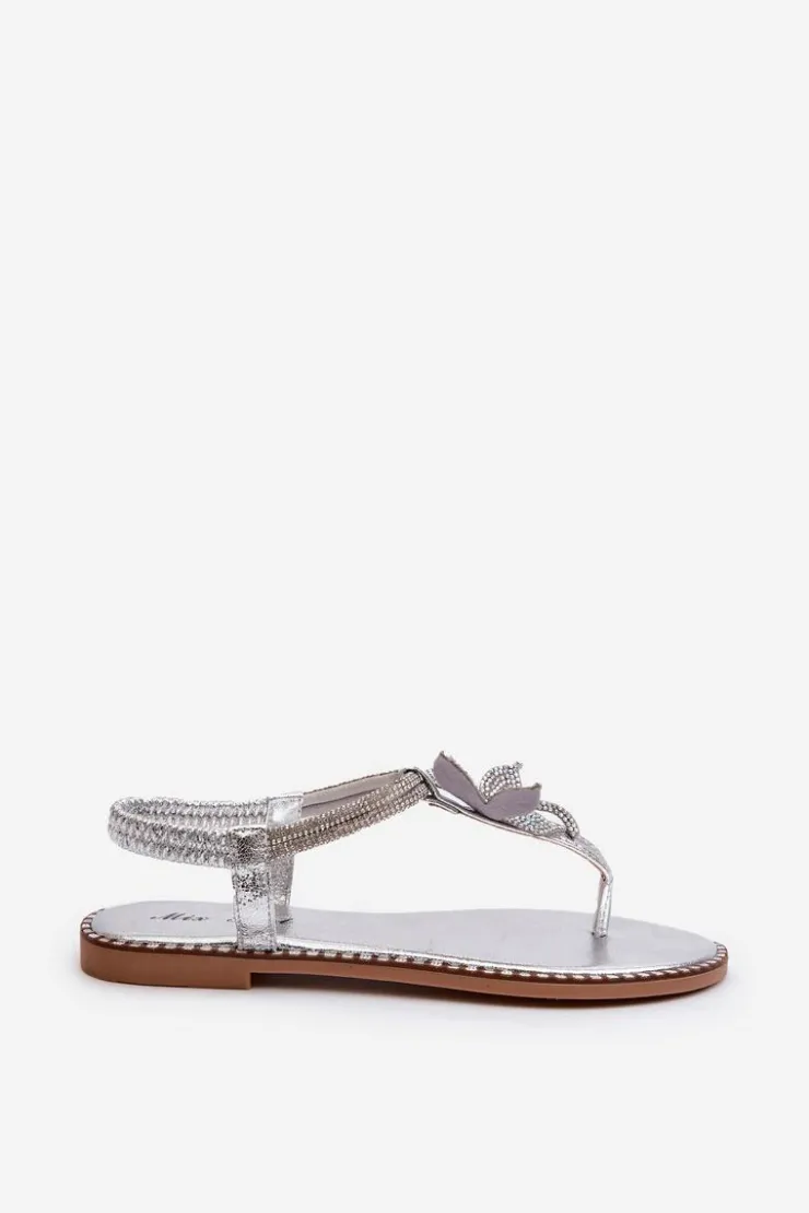 Damskie Evento Płaskie Sandały Damskie Z Ozdobnym Kwiatkiem Srebrne Edoni