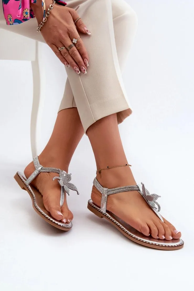 Damskie Evento Płaskie Sandały Damskie Z Ozdobnym Kwiatkiem Srebrne Edoni