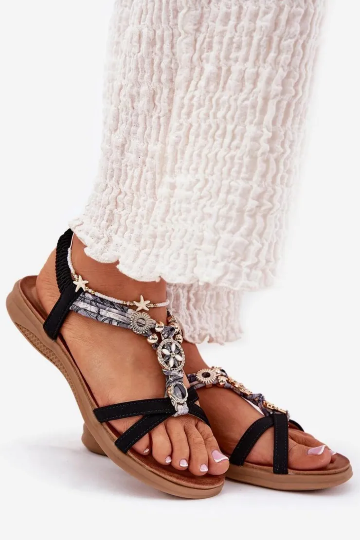 Artiker Sandały Płaskie*Płaskie Sandały Damskie Z Ozdobami 54C1334 Czarne