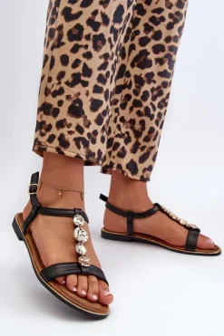 Damskie Boto Płaskie Sandały Damskie Z Ozdobami Czarne Muridia