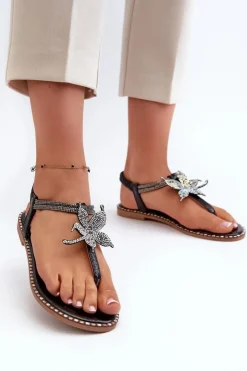 Evento Płaskie Sandały Damskie Z Ozdobnym Kwiatkiem Czarne Edoni Czarny