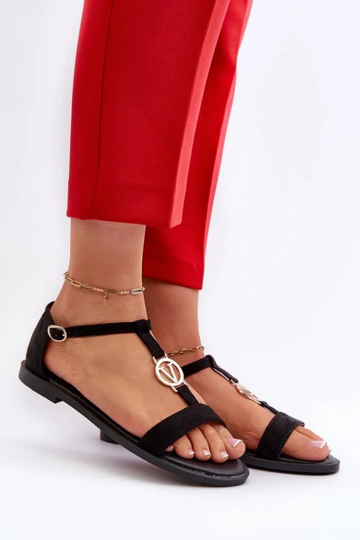 Buty damskie Vinceza Sandały Płaskie*Płaskie Sandały Damskie Ze Złotą Ozdobą Vinceza 17321 Czarne