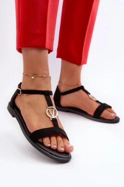 Buty damskie Vinceza Sandały Płaskie*Płaskie Sandały Damskie Ze Złotą Ozdobą Vinceza 17321 Czarne
