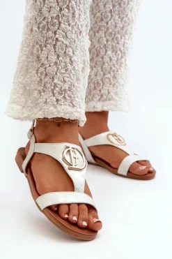 Online Damskie buty S.Barski Płaskie Sandały Damskie Ze Złotą Ozdobą S.Barski KV27-051 Biało-Srebrne