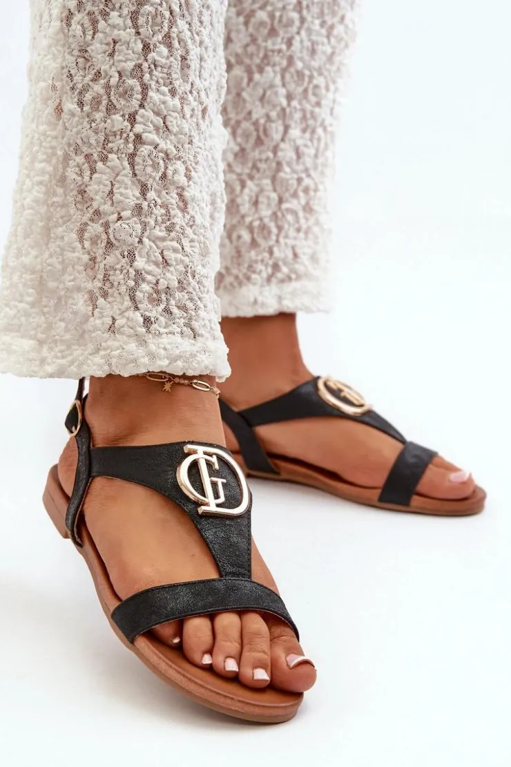 Sale Damskie buty S.Barski Płaskie Sandały Damskie Ze Złotą Ozdobą S.Barski KV27-051 Czarne