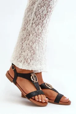 Sale Damskie buty S.Barski Płaskie Sandały Damskie Ze Złotą Ozdobą S.Barski KV27-051 Czarne