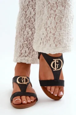 Sale Damskie buty S.Barski Płaskie Sandały Damskie Ze Złotą Ozdobą S.Barski KV27-051 Czarne