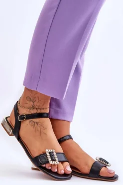 Boto Sandały Płaskie*Płaskie Sandały Na Złotym Obcasie Czarne Mindley