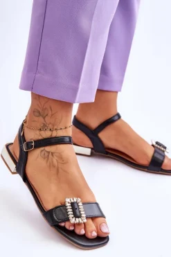 Boto Sandały Płaskie*Płaskie Sandały Na Złotym Obcasie Czarne Mindley