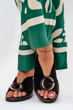 Damskie Boto Płaskie Sandały Z Ozdobą Czarne Haliones