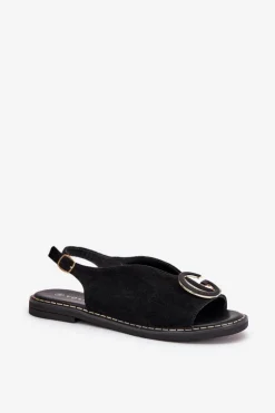 Damskie Boto Płaskie Sandały Z Ozdobą Czarne Haliones