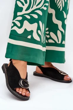 Damskie Boto Płaskie Sandały Z Ozdobą Czarne Haliones