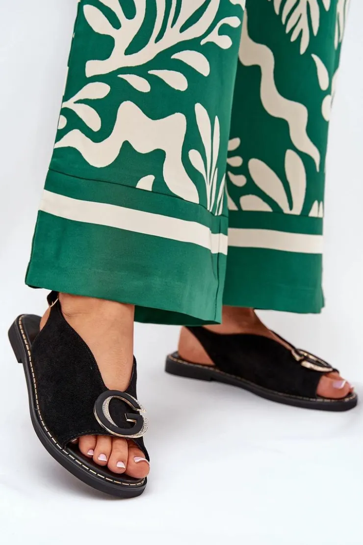 Damskie Boto Płaskie Sandały Z Ozdobą Czarne Haliones