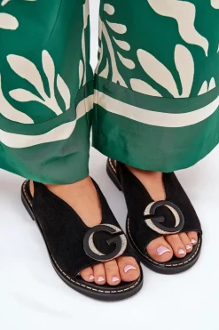 Damskie Boto Płaskie Sandały Z Ozdobą Czarne Haliones