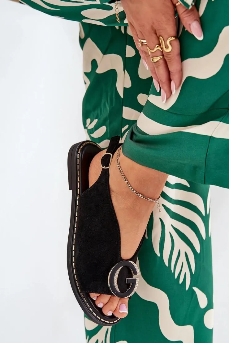 Damskie Boto Płaskie Sandały Z Ozdobą Czarne Haliones