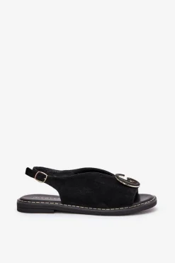 Damskie Boto Płaskie Sandały Z Ozdobą Czarne Haliones