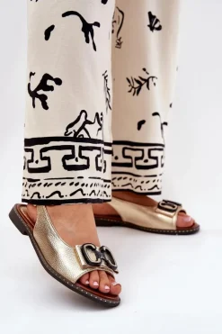 Damskie Boto Płaskie Sandały Z Ozdobą Eko Skórzane Złote Lilria