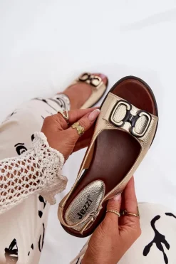 Damskie Boto Płaskie Sandały Z Ozdobą Eko Skórzane Złote Lilria