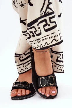 Outlet Boto Płaskie Sandały Z Ozdobą Eko Zamszowe Czarne Lilria Czarny