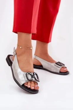 Sale Boto Płaskie Sandały Z Ozdobą Eko Skórzane Srebrne Lilria Srebrny