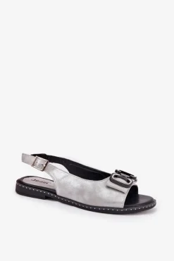 Sale Boto Płaskie Sandały Z Ozdobą Eko Skórzane Srebrne Lilria Srebrny