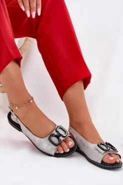 Sale Boto Płaskie Sandały Z Ozdobą Eko Skórzane Srebrne Lilria Srebrny