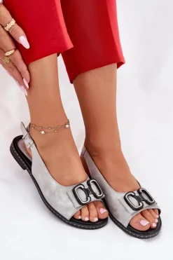 Sale Boto Płaskie Sandały Z Ozdobą Eko Skórzane Srebrne Lilria Srebrny