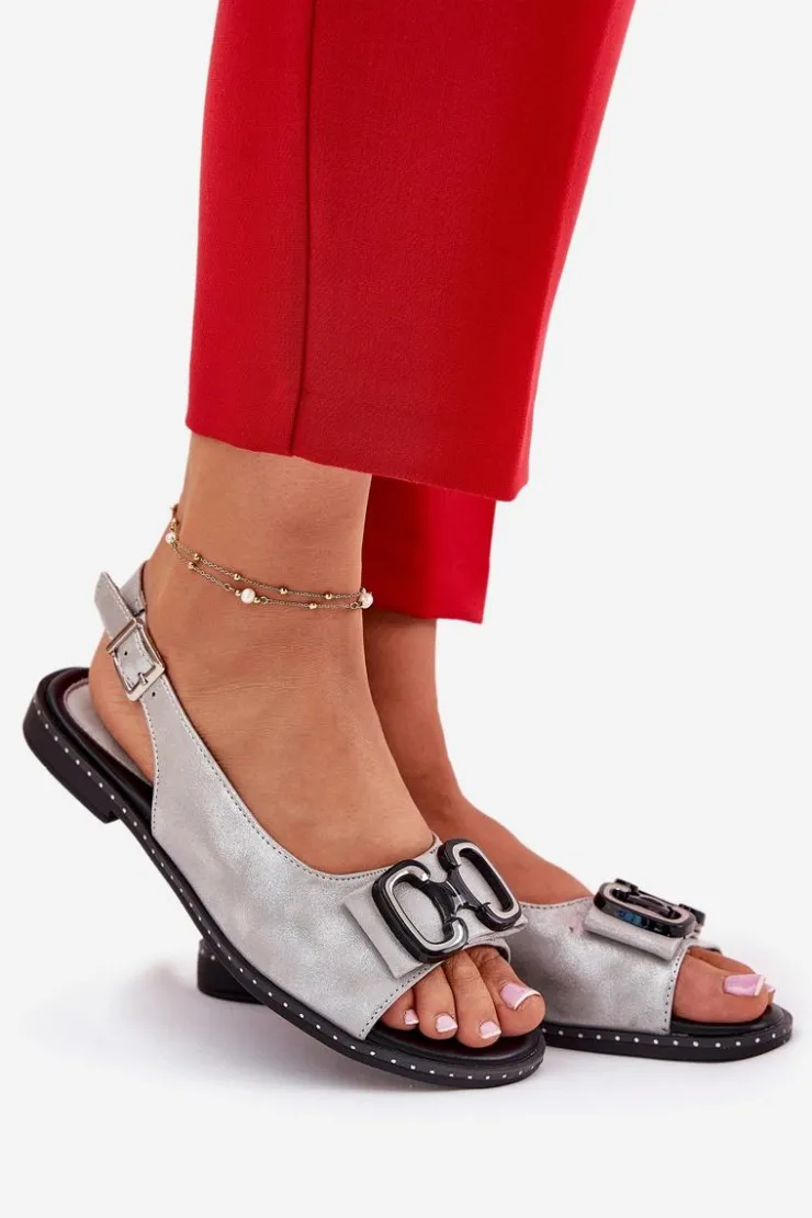 Sale Boto Płaskie Sandały Z Ozdobą Eko Skórzane Srebrne Lilria Srebrny