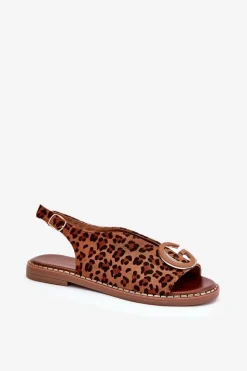 Outlet Boto Płaskie Sandały Z Ozdobą Panterka Brązowe Haliones Brązowy