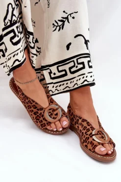 Outlet Boto Płaskie Sandały Z Ozdobą Panterka Brązowe Haliones Brązowy