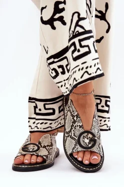 Boto Sandały Płaskie*Płaskie Sandały Z Ozdobą Wężowy Wzór Beżowo-Brązowe Haliones