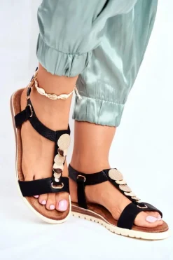 Evento Sandały Płaskie*Płaskie Sandały Z Ozdobami Czarne Milton