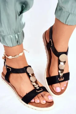 Evento Sandały Płaskie*Płaskie Sandały Z Ozdobami Czarne Milton