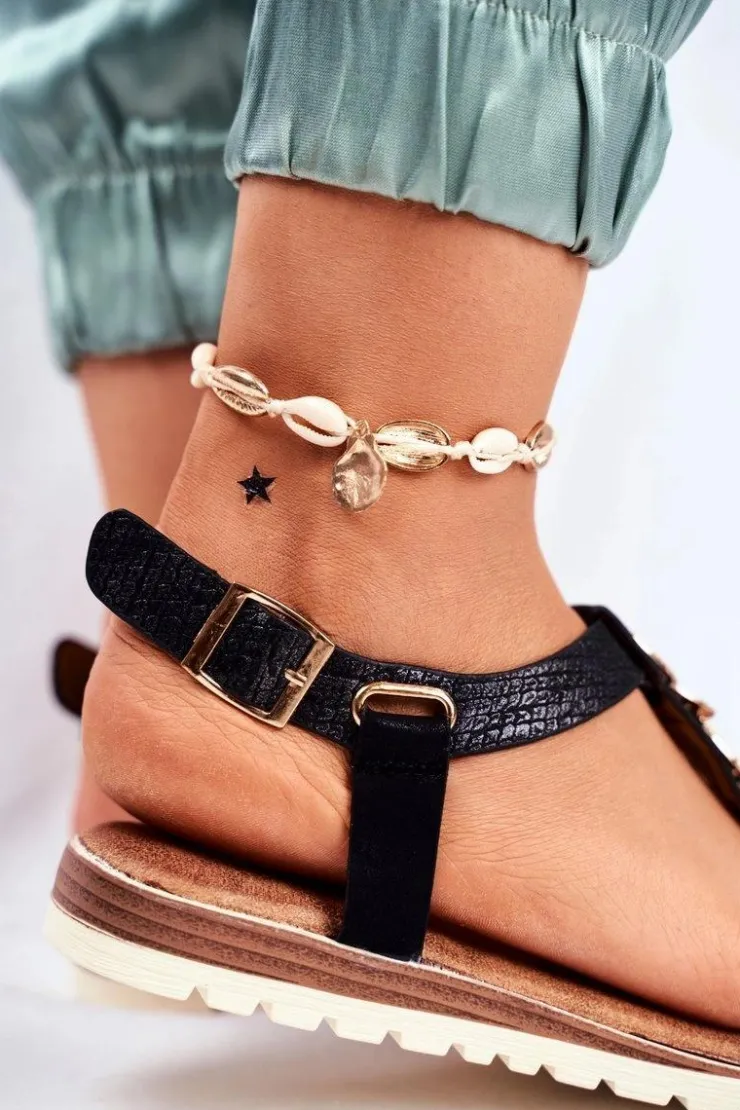 Evento Sandały Płaskie*Płaskie Sandały Z Ozdobami Czarne Milton