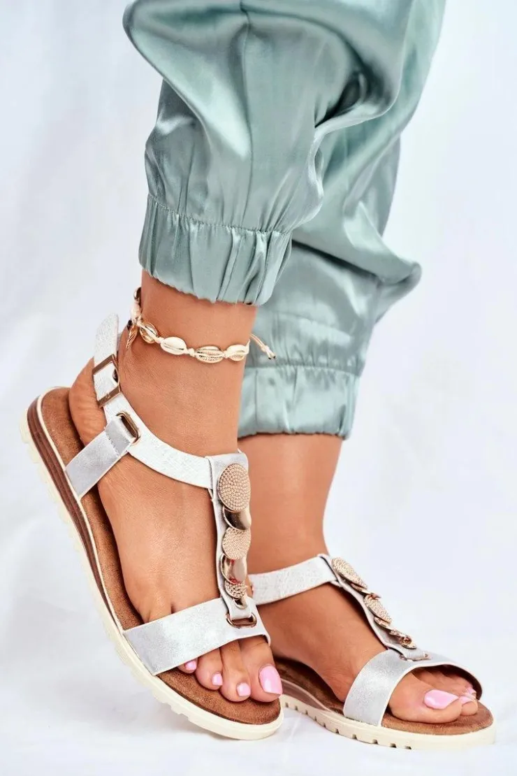 Damskie Evento Płaskie Sandały Z Ozdobami Srebrne Milton