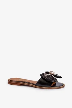 Damskie Laura Messi Płaskie Skórzane Klapki Damskie Z Kokardą 2791 Czarne