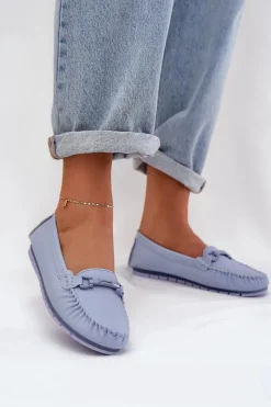 Damskie buty S.Barski Loafersy Damskie|Mokasyny Damskie Skórzane*Płaskie Skórzane Mokasyny Z Ozdobą S.Barski LR51-547 e Niebieski