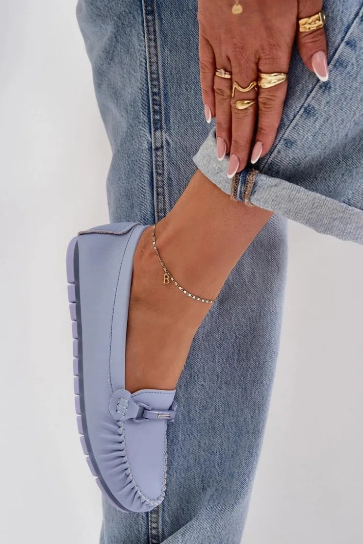 Damskie buty S.Barski Loafersy Damskie|Mokasyny Damskie Skórzane*Płaskie Skórzane Mokasyny Z Ozdobą S.Barski LR51-547 e Niebieski