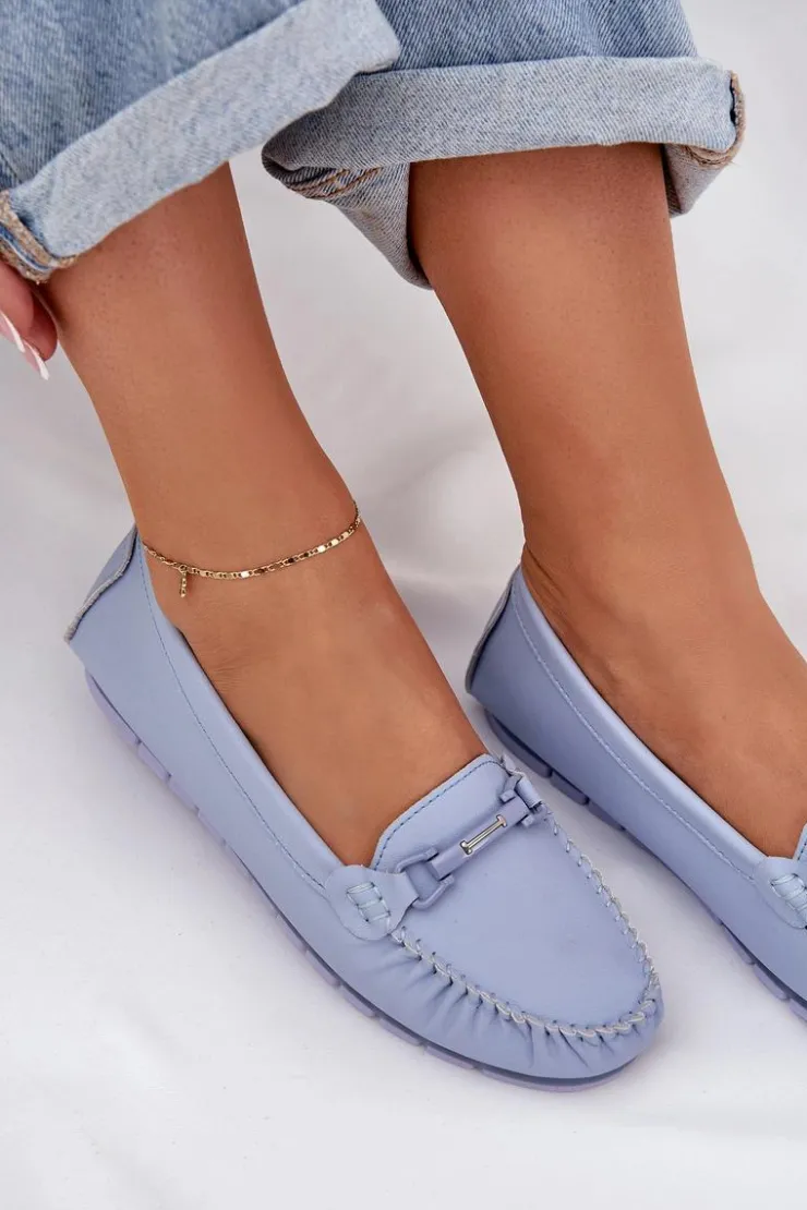 Damskie buty S.Barski Loafersy Damskie|Mokasyny Damskie Skórzane*Płaskie Skórzane Mokasyny Z Ozdobą S.Barski LR51-547 e Niebieski