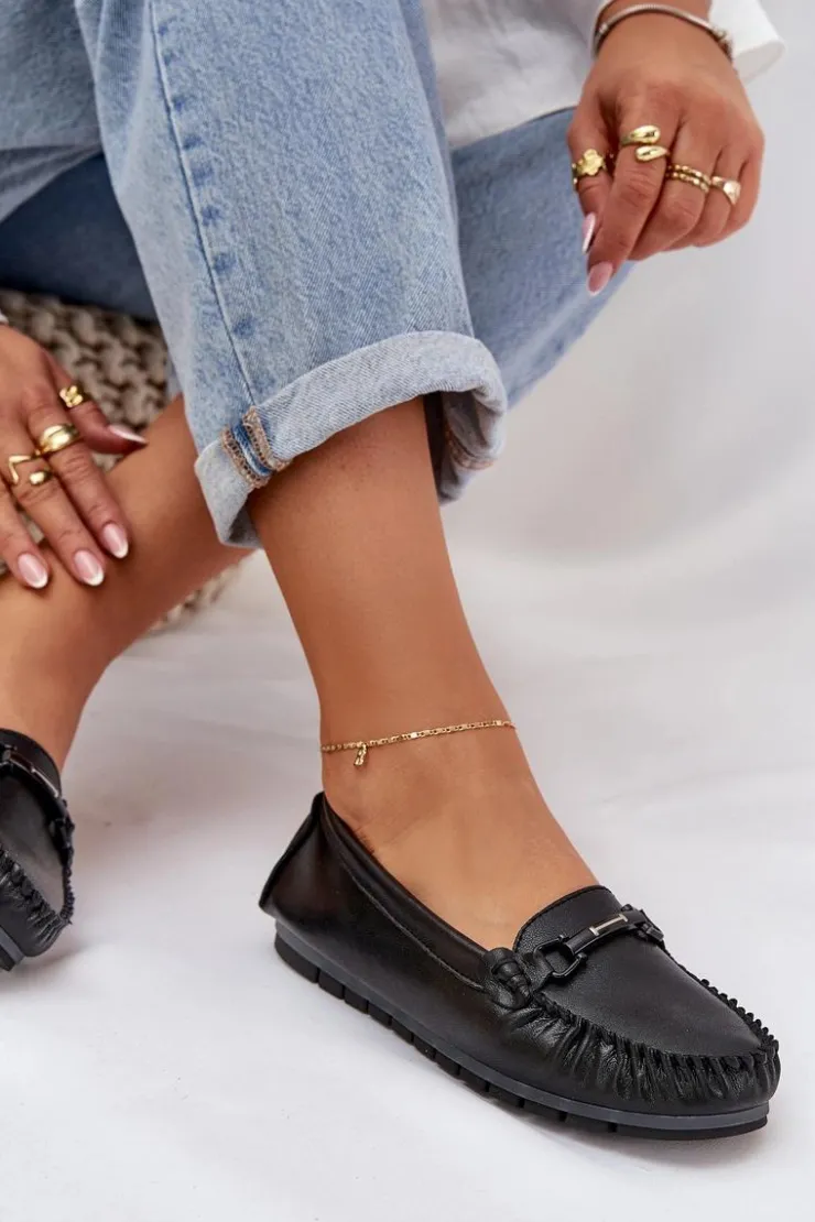 Damskie Damskie buty S.Barski Płaskie Skórzane Mokasyny Z Ozdobą S.Barski LR51-547 Czarne