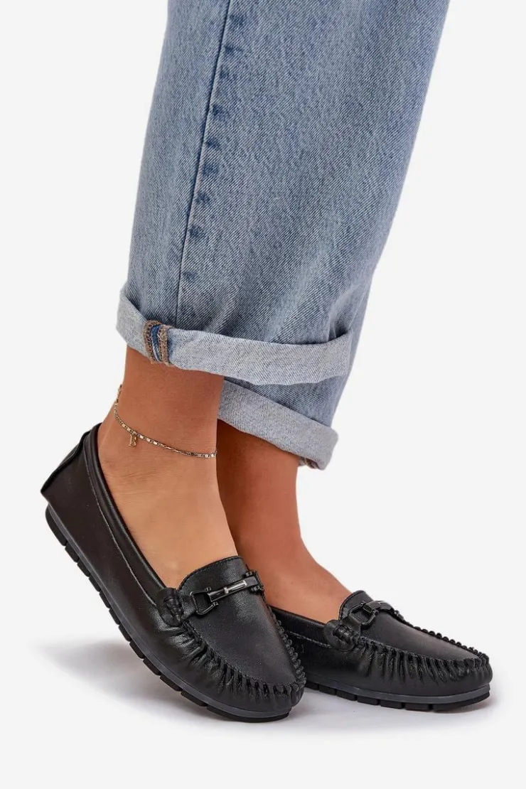 Damskie Damskie buty S.Barski Płaskie Skórzane Mokasyny Z Ozdobą S.Barski LR51-547 Czarne