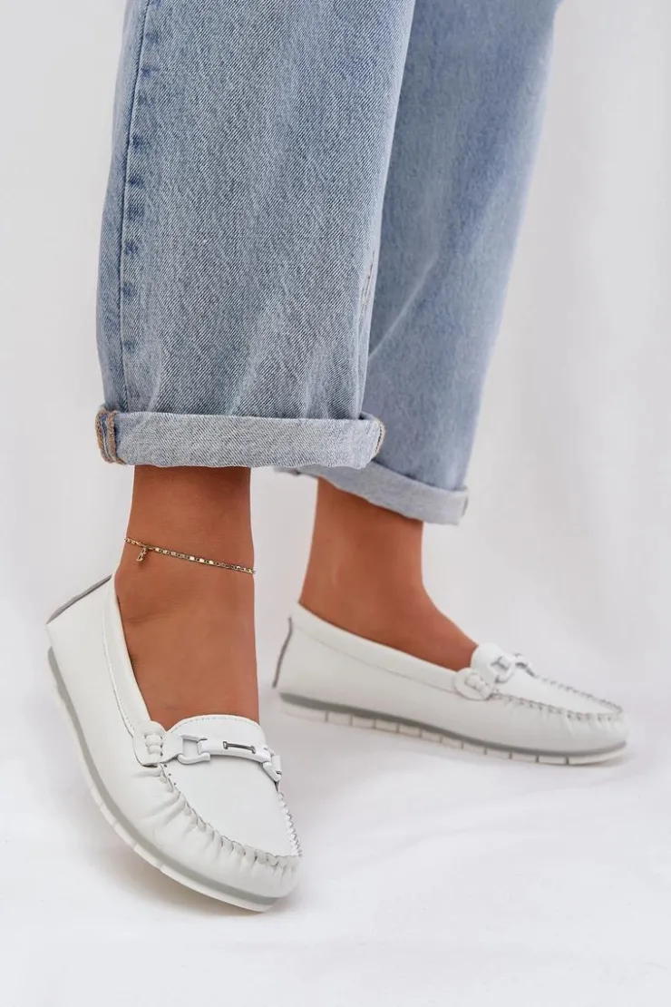 Discount Damskie buty S.Barski Płaskie Skórzane Mokasyny Z Ozdobą S.Barski LR51-547 Białe Biały