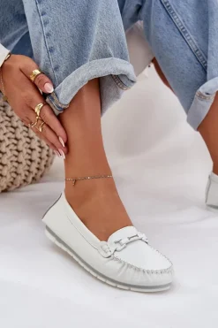 Discount Damskie buty S.Barski Płaskie Skórzane Mokasyny Z Ozdobą S.Barski LR51-547 Białe Biały