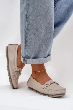 Damskie buty S.Barski Loafersy Damskie|Mokasyny Damskie Skórzane*Płaskie Skórzane Mokasyny Z Ozdobą S.Barski LR51-547 Beżowe Beżowy